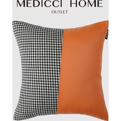 Medicci Home 2021 New Collection Design Cushion Cover Houndstooth Velvet Orange Leather Patchwork Throw Pillow Case Luxury Chic