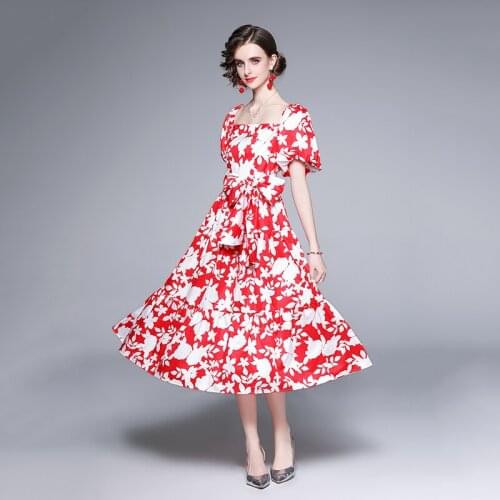 WTIANYUW New 2021 Summer Red Floral Elegant Boho Midi Dresses Women Square Collar Puff Sleeve Vintage Belt Vacation Dresses
