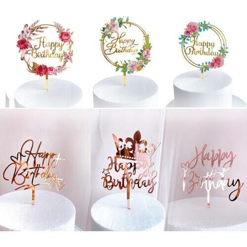 Promotional Flower Happy Birthday Acrylic Cake Topper Gold Birthday Cake Flag For Party Cake Decorations Dessert Baking Supplies