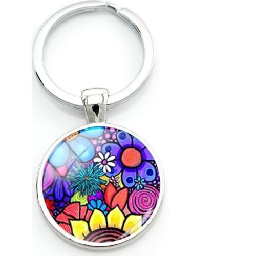 TAFREE Colorful Flowers Painting Keyholder Sketching Works Art Glass Cabochons Key Ring Metal Jewelrys For Girlfriend