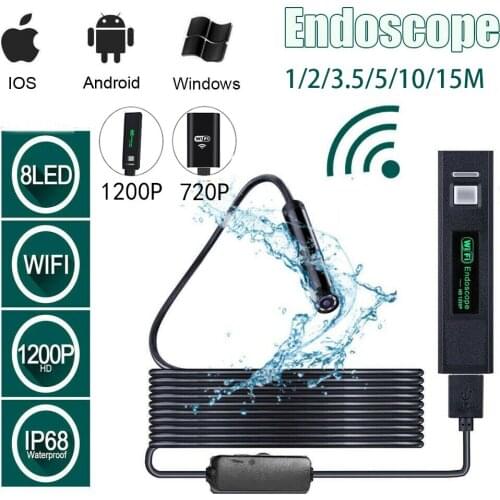 Wifi Endoscope Full HD 1200p Inspection Camera 8mm USB Waterproof Sewer Pipe Borescope Flexible for Iphone Android Smartphone