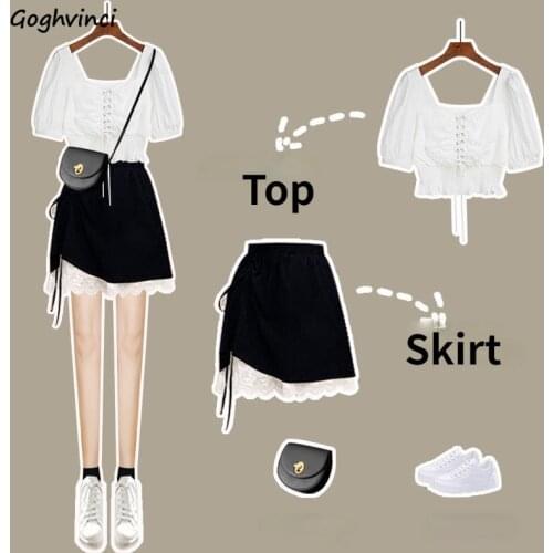 Sets Women Oversize Fashion Mini Lace Folds Empire Sweet Cool Blouse Solid Preppy Slim Streetwear College Female Two Pieces 2021