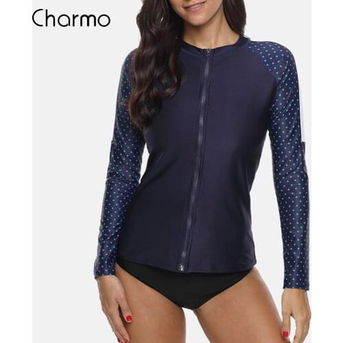 Charmo Women Long Sleeve Zipper Rashguard Shirt Swimsuit Polka Dot Swimwear Surfing Top Bike Biking Shirt Rash Guard UPF50