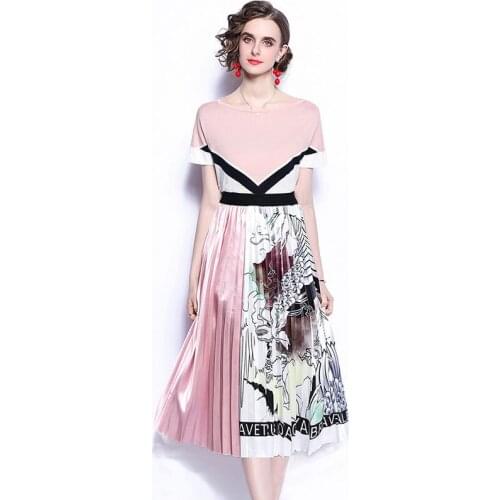 2021 Summer Elegant Fashion New Loose Stitching Color Knitted Pullover Sweater Top + Printed Pleated Skirt Two Piece Suit