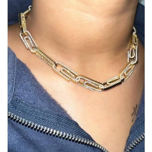2021 New Design European Women Gold Color Metal Jewelry Micro Pave 5A Iced Out Bling Paper Clip Link Chain Choker Necklace