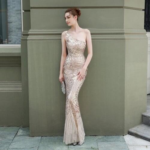 Eleagnt One Shoulder New Sequin Fishtail Long Evening Dress Appliques Sexy Backless Glitter Formal Prom Mermiad Dress for Party