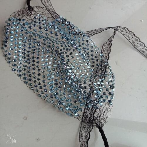 2021 Retro Wedding Party Sexy Blue Face Veil For Bridal Crystal Beaded Tiara Headwear Birdcage Net Mask Novia Hair Accessories
