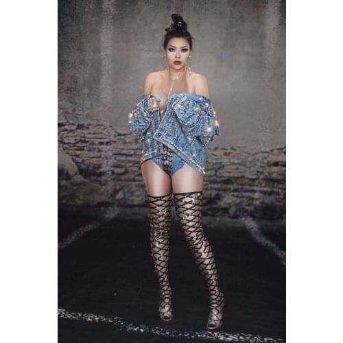 Bar Ds singer nightclub bar stage show costume coat bodysuit Diamond Pearl Shiny Blue Denim Jacket