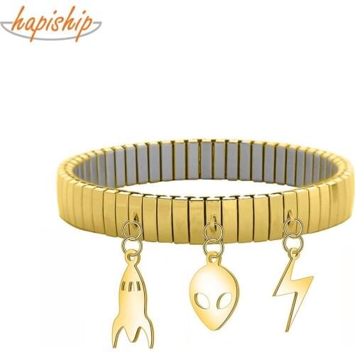Hapiship Fashion Stainless Steel Gold Lightning Aliens Animal Sun Pendant Elastic Bracelet For Women Men Jewelry Wholesale G164