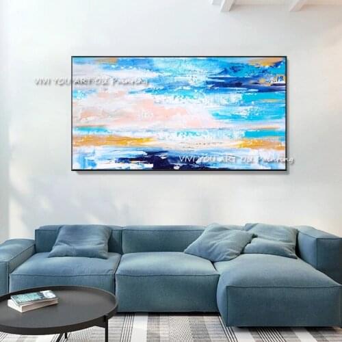 Pure Hand-painted High Quality Abstract Light Blue Sky Oil Painting on Canvas Water Style Abstract Large Decoration As A Gift