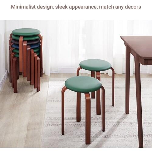 Wooden Stool Solid Wood KD Stool Stackable Leather Cushion Padded Round Stool Backless Chair for Home / Restaurant / Cafe / Bar