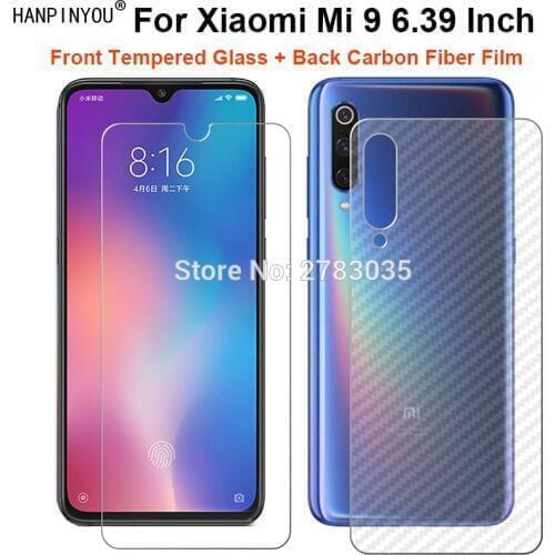 For Xiaomi Mi 9 Mi9 M9 6.39" 1 Set = Soft Back Carbon Fiber Film + Ultra Thin Premium Tempered Glass Front Screen Protector
