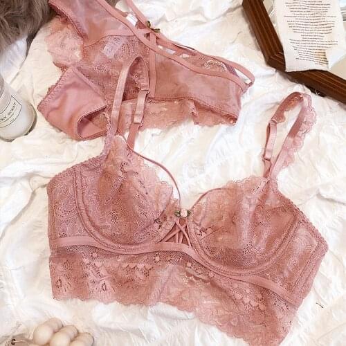 Exquisite fairy underwear set ultra-thin lace bralette transparent steel ring big size women sexy flower bra and panties suit