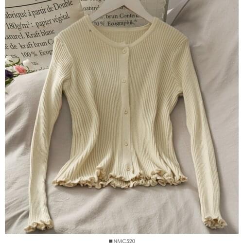 Abrini Cropped Cardigan Long Sleeve Autumn 2021 Womens Clothing Loose Knitted Cardigan Sweaters Womens Top Flounced Edge Slim