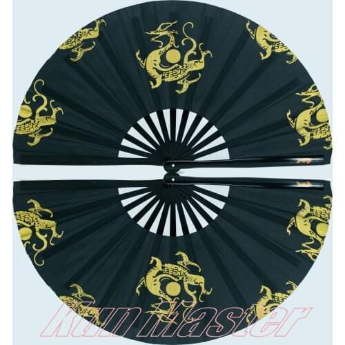 Kun Master 34 Cm Bamboo Chinese Kung Fu Tai Chi Fan With Dragon And Chinese Word Design Black