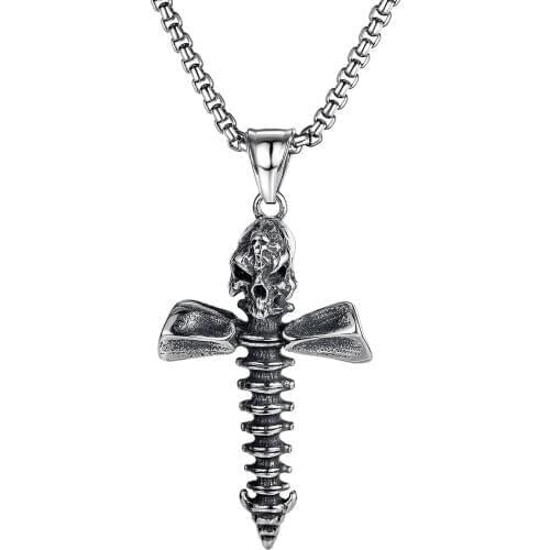 Gothic Retro Skull Cross Screw Pendants Men Necklaces Punk Rock Stainless Steel Hip Hop Jewelry Aesthetic Accessories Necklaces