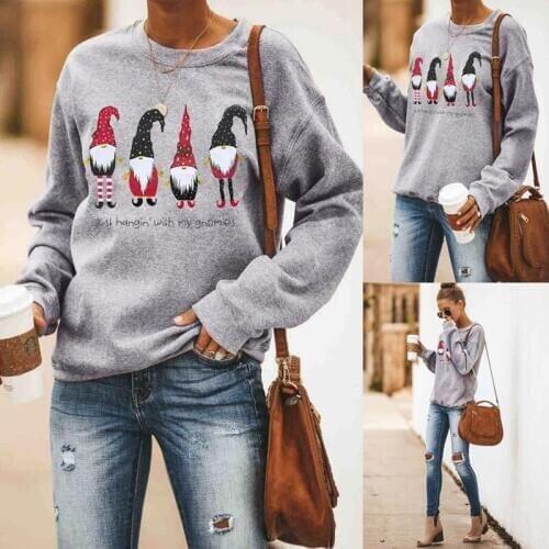 2021 new cotton autumn tops women Christmas women Hedging loose casual tops gray Santa print long sleeve tops female W902