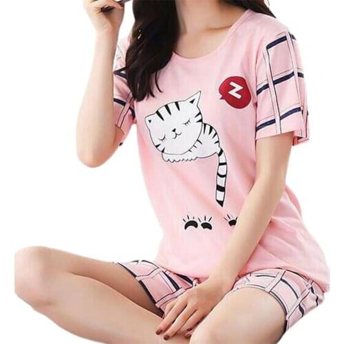 Pajamas Set Short Sleeve Loose Top Women Cats Print T-shirt Shorts Sleepwear for Summer