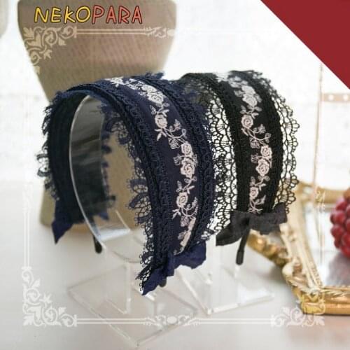 Rose Manor Handmade Rose Embroidery Hairband KC Lace,Bows Trim Elegant Lolita Sweet Headband Headwear 2 Colors