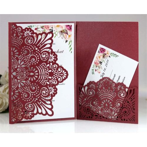 Elegant card invitation customized pocket tri folding business invitation card white blue flower laser cutting 50pcs/lot