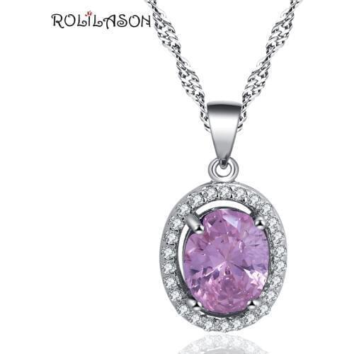 ROLILASON fashion new pink zircon crystal silver color necklace Pendant 18 years old adult birthday gift LN687