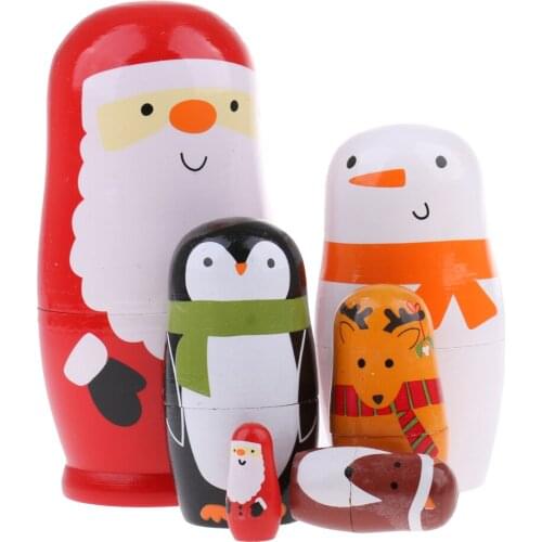 Xmas Santa Claus Wooden Russian Nesting Matryoshka 6pcs Dolls Hand Painted