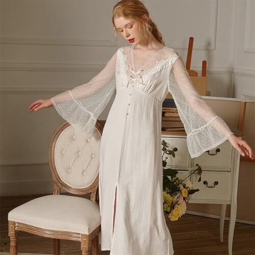 Sexy Lace Peignoir Women Lolita Nightgown Mesh Long Night Dress Victorian Vintage Lady Roomwear Cotton Nightwear Fairy Sleepwear