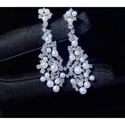 Natural fresh water pearl earring 925 sterling silver with cubic zircon drop earring fine women jewelry free shipping