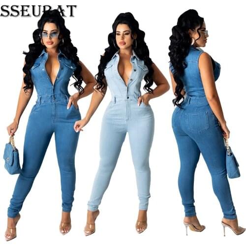 SSEURAT Womens Skinny Button Rompers Fashion Sleeveless Denim Jumpsuit Bodycon Active One Piece Overalls