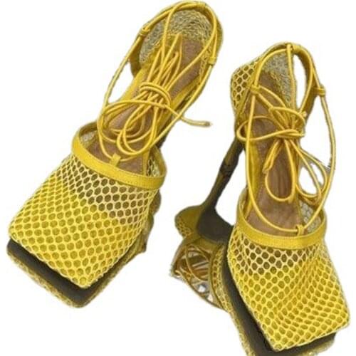 INS Women Party Sexy Yellow Mesh Pumps Sandals Female Square Toe high heels Lace Up Rome Cross-tied Stiletto Hollow Dress Shoes