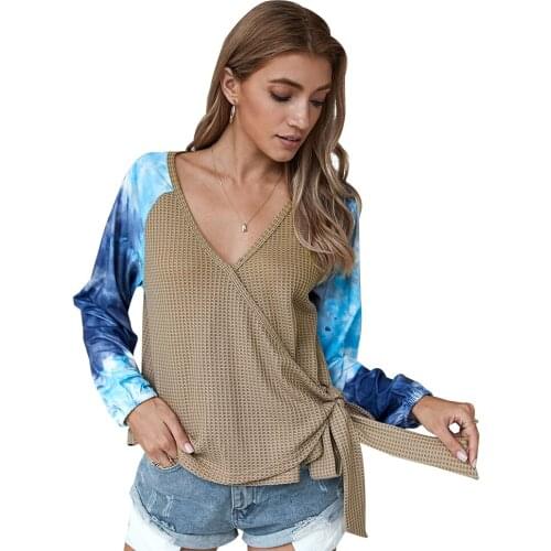 Streetwear Women V-neck Tie Dye Print Blouse Long Sleeve Lace knotted Tee Blusa Pullover Hollow Out Knit Shirt Femme Loose Top