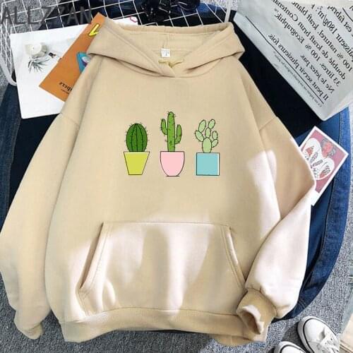 Kawaii Hoodie Women Potted Cactus Cartoon Aesthetic Oversized Sweatshirts Harajuku Students Girls Pullovers Casual Autumn Winter