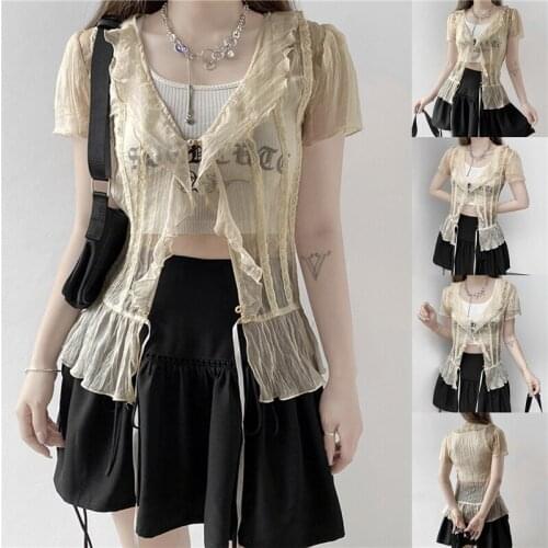 Womens Button Down Tops Chic Sexy V Neck Short Sleeve Solid Color Sheer Mesh Ruffle Shirts Light Yellow