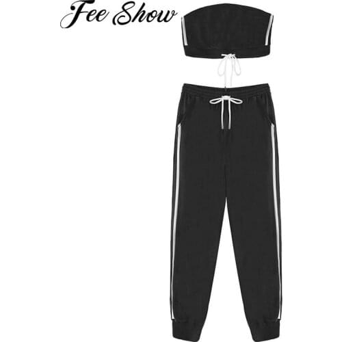 Women Breathable Summer Sport Suit Gym Workout Suit Clothes Pure Color Bandeau Tube Tops and High Waist Sweatpants Set Tracksuit