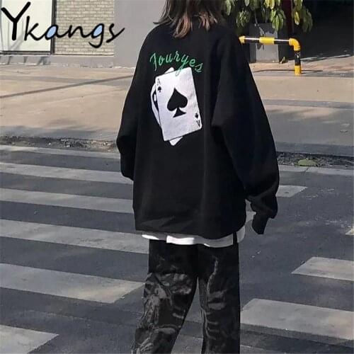 High Street Poker Design Flocking Pullover Korean Loose Long Sleeve Black Casual Sweatshirt Spring Autumn Bf Harajuku Women Tops