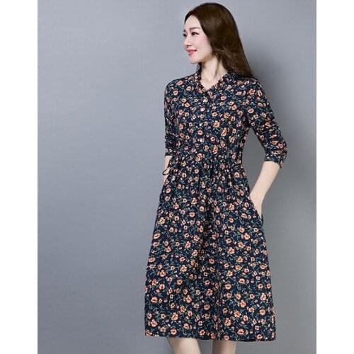 2021 Cotton Linen Spring Dress Women Loose Plus size Casual Dress vintage Print dresses High Quality