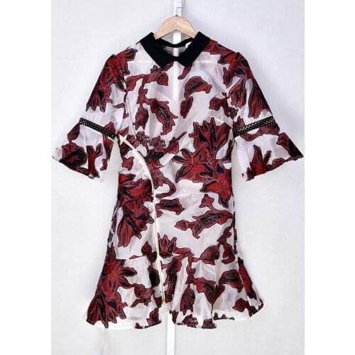 Women Dress Spring / Summer Flare Sleeve Ruffle Embroidered Jacquard Dress