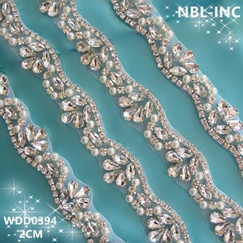 10 yards) Wholesale hand sewing bridal beaded silver crystal rhinestone pearl applique trim for wedding dress sash belt WDD0394