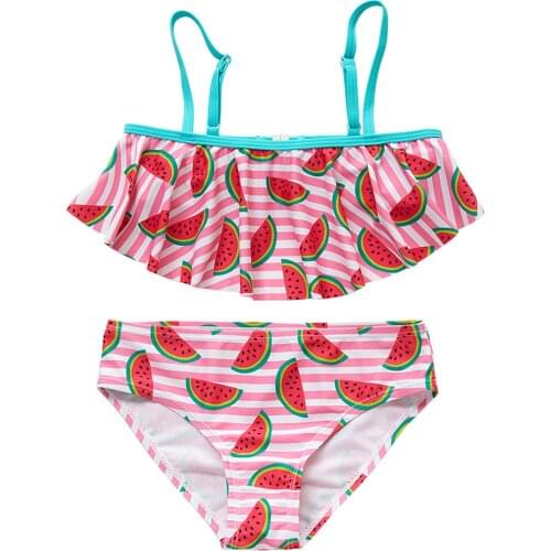 2021summer Girls Swimsuit Split Bikini Swimsuit Striped Watermelon Print Childrens Ruffled Two-piece Swimsuit For 3-10y #l12