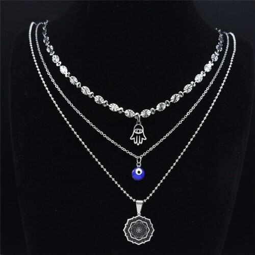 3pcs Fashion Stainless Steel Islam Hamsa Hand Eye Layered Necklace Women Silver Flower of Life Jewelry 2021 ojo turco NXS04