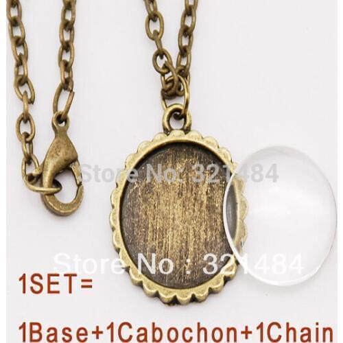 Antique Bronze Brass metal 100pcs 20mm Round Cameo Setting Pendant Blank Tray+ Glass Cabochons+ 80cm Chain Necklace DIY Findings