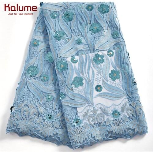 Kalume White African Tulle Lace Fabric 2021 High Quality Sequins Blue French Nigerian Milk Silk Lace Fabric For Wedding F2409