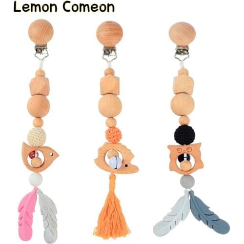 Baby Toy Wooden Pram Clip Wooden Pacifier Chain Clips Chew Rattle Baby Wooden Teether Necklace Teething Beads Childrens Goods