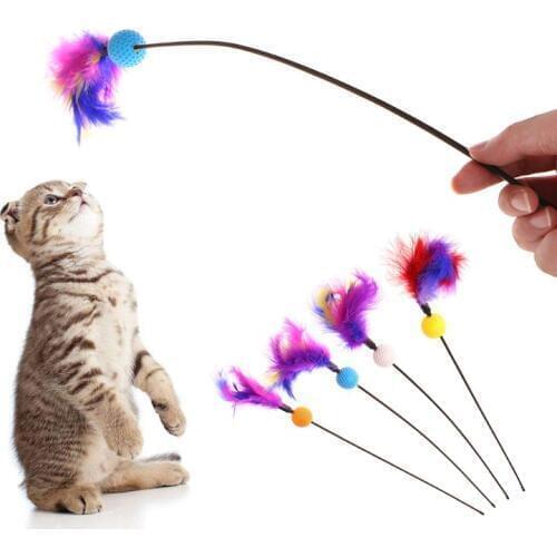 Cat Toys Stick Feather Ball Funny Interactive Kitten Pet Squeaky Teaser Plastic