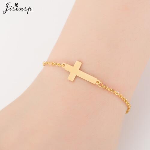 Jisensp Crucifix Jesus Christian Women Men Horizontal Sideways Cross Bracelets for Gold Stainless Steel Bracelet Bridesmaid Gift
