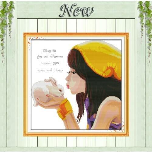 Warm love beautiful girl kiss rabbit painting pattern print on canvas DMC 14CT 11CT Cross Stitch Needlework kits Embroidery Sets