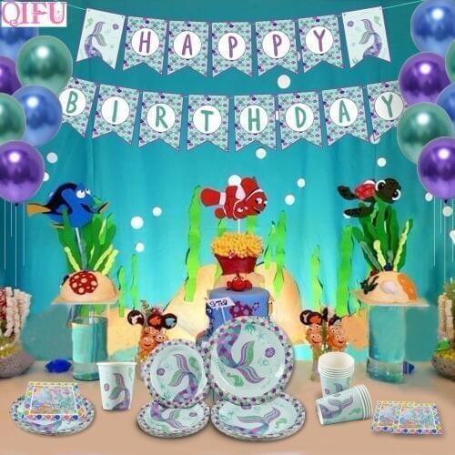 QIFU Little Mermaid Wedding Party Decoration Disposable Party Tableware Set Plate Banner Little Mermaid Birthday Party Supplies