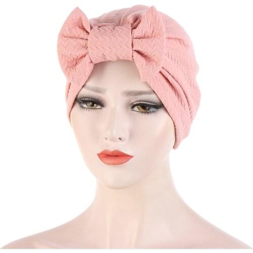 Novelty Bowknot Solid Stretch Muslim Turban India Cap Women Bow Beanie Bonnet Elastic Hair Loss Cap Cancer Chemo Hat