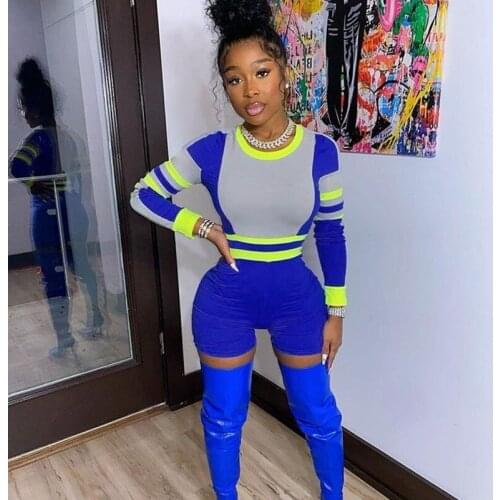 Autumn Knit Rompers Womens Jumpsuit Shorts Sportwear Long Sleeve Short Jumpsuit for Women 2020 Patchwork Slim Bodycon Playsuit