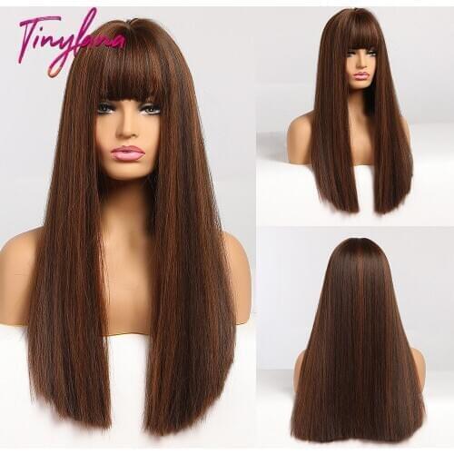 TINY LANA Mixed Black Brown Golden Synthetic Wigs with Bangs Long Silky Straight Cosplay Wigs For Afric Woman Heat Resistant